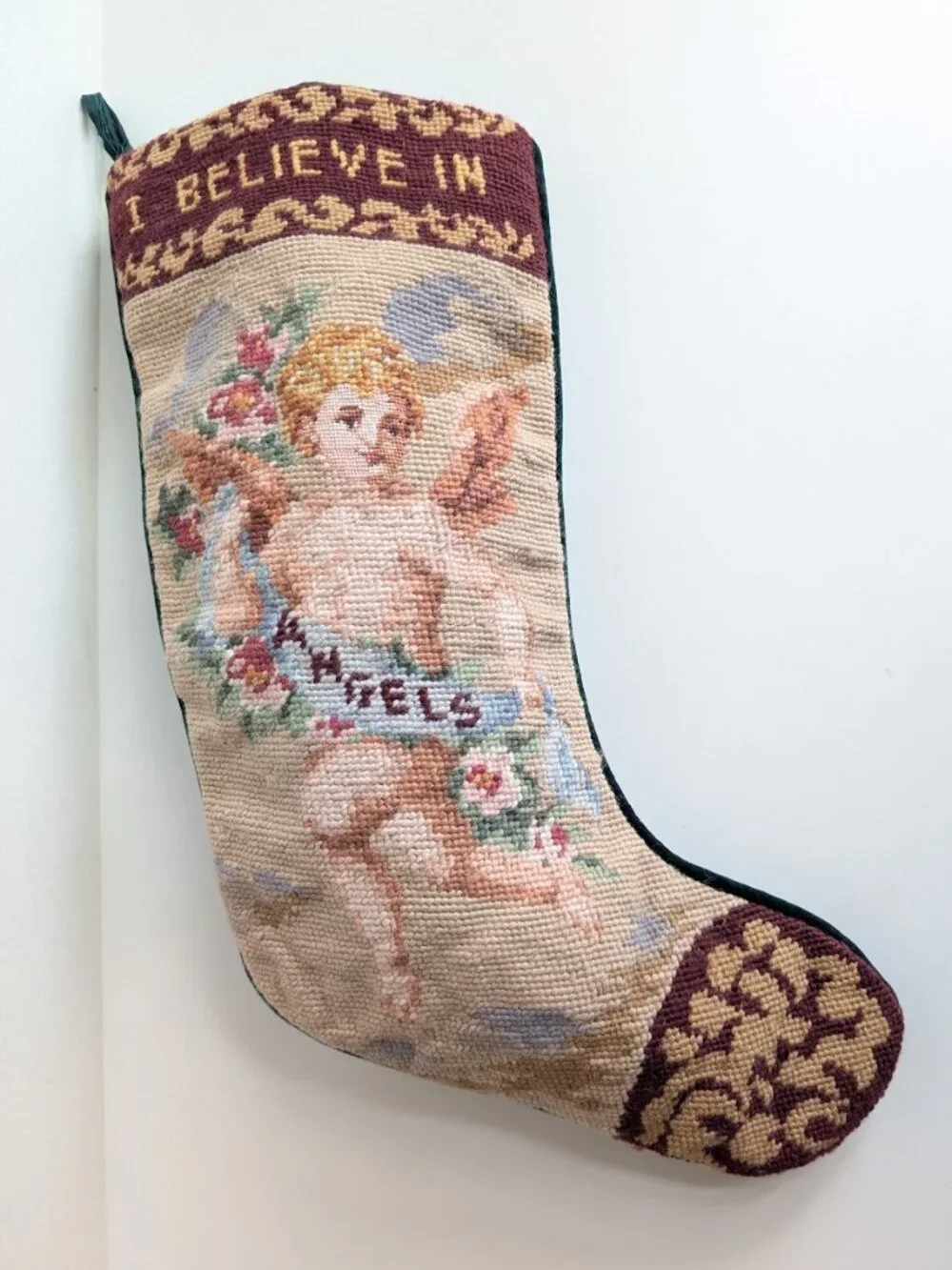 Vtg Handmade Christmas Wool Needlepoint Stocking 